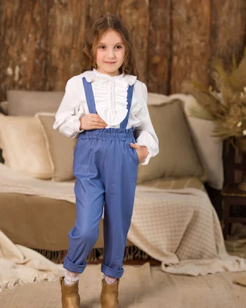 Salopeta vintage din in bleumarin si camasa alba pentru fete - 4-5 ani