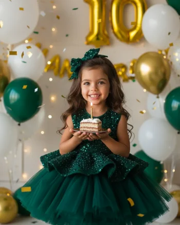 Rochie verde eleganta pentru fete, din dantela cu perle si paiete - Candy