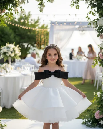 Rochie alba eleganta din tafta si funda neagra pentru fete - Norah