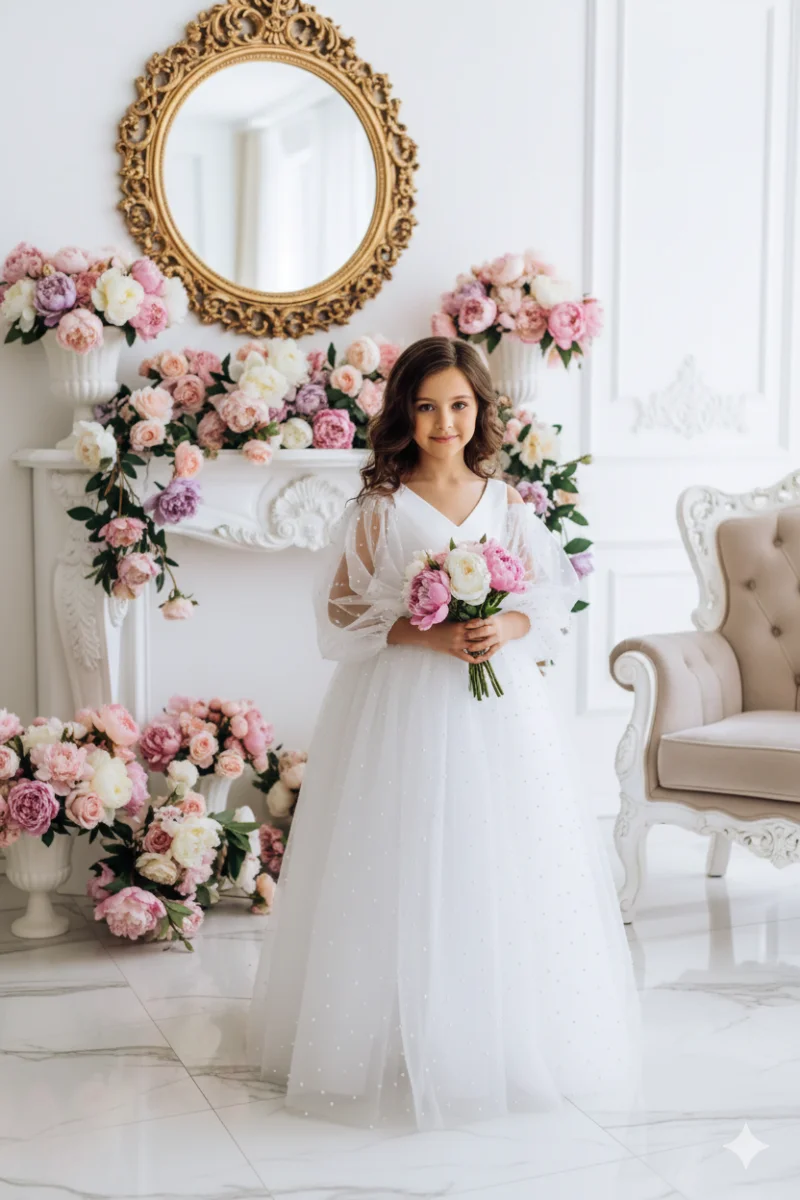 Rochie alba lunga eleganta pentru fete, din tulle alb cu perle - Saraia