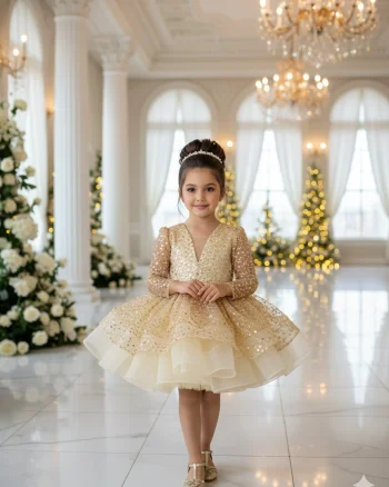Rochie aurie eleganta pentru fete, din dantela - Julieta