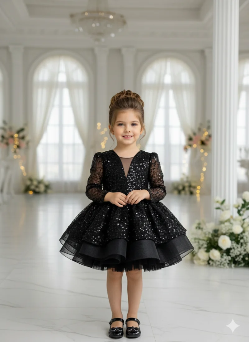 Rochie neagra eleganta pentru fete, din dantela brodata - Julieta