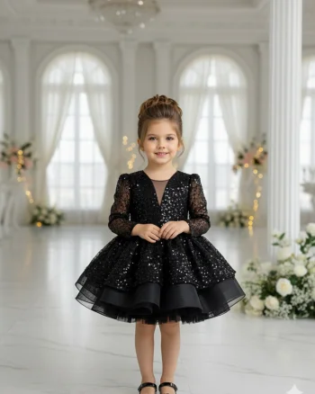 Rochie neagra eleganta pentru fete, din dantela brodata - Julieta