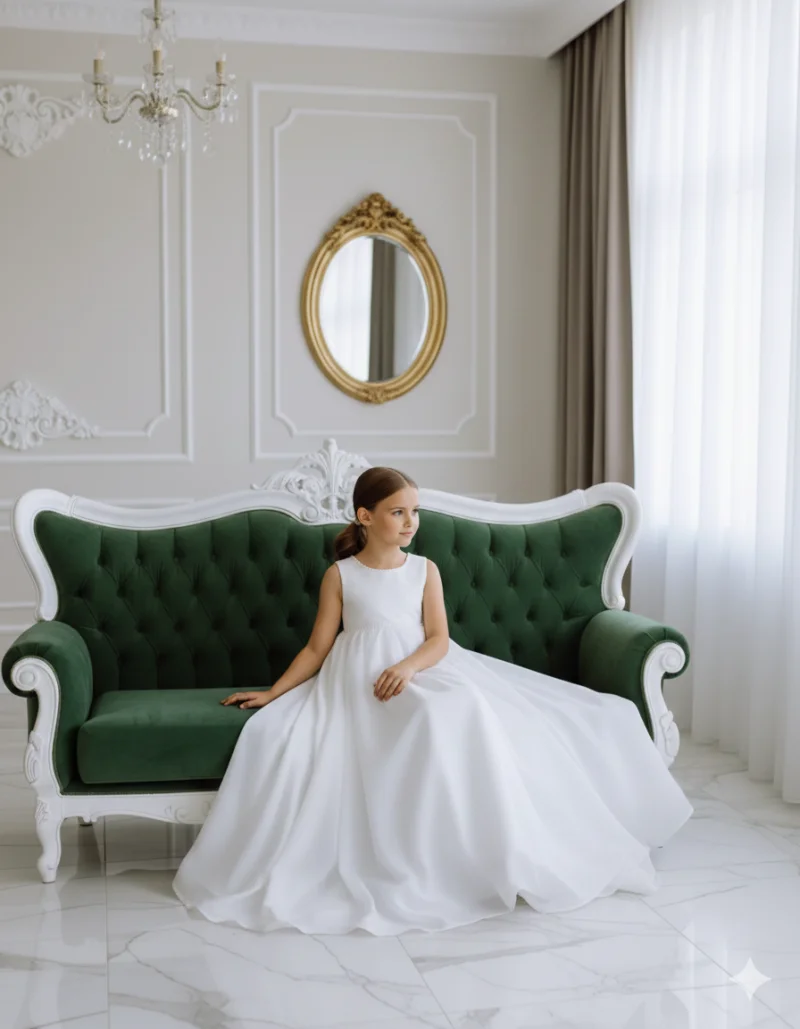 Rochie alba lunga eleganta pentru fete, din organza alba si perle - Tina
