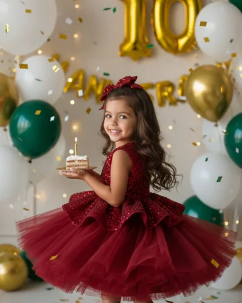 Rochie rosie eleganta pentru fete, din dantela cu perle si paiete - Candy