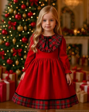 Rochie casual din stofa rosie si carouri pentru fete - Carina
