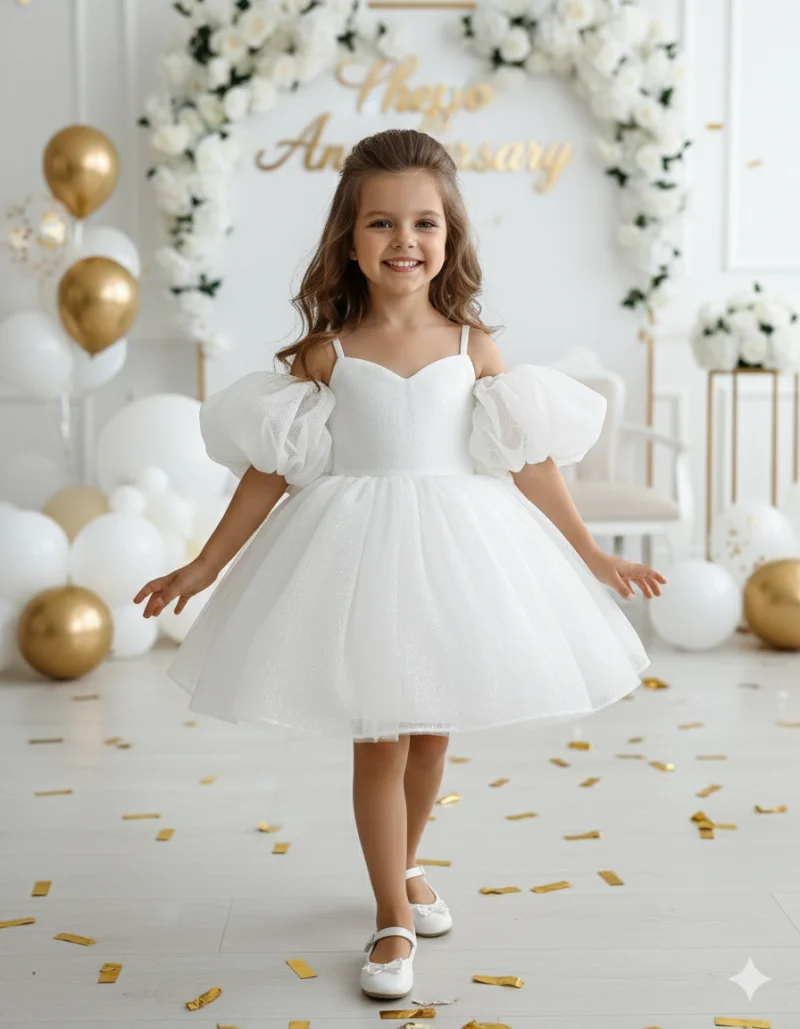 Rochie alba eleganta pentru fete, din tulle cu glitter si maneci bufante - Eloise
