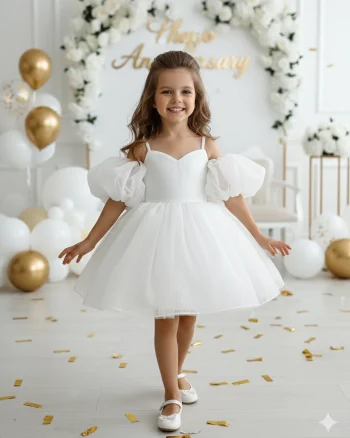 Rochie alba eleganta pentru fete, din tulle cu glitter si maneci bufante - Eloise