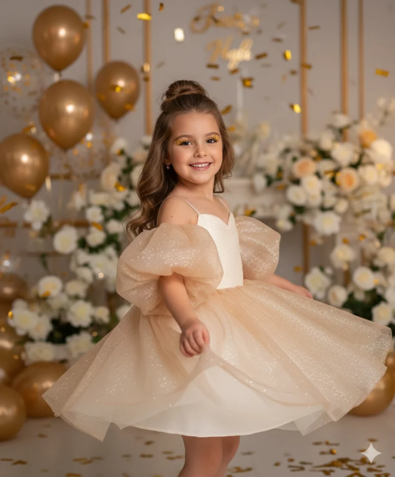Rochie aurie eleganta pentru fete, din tulle cu glitter si maneci bufante - Eloise