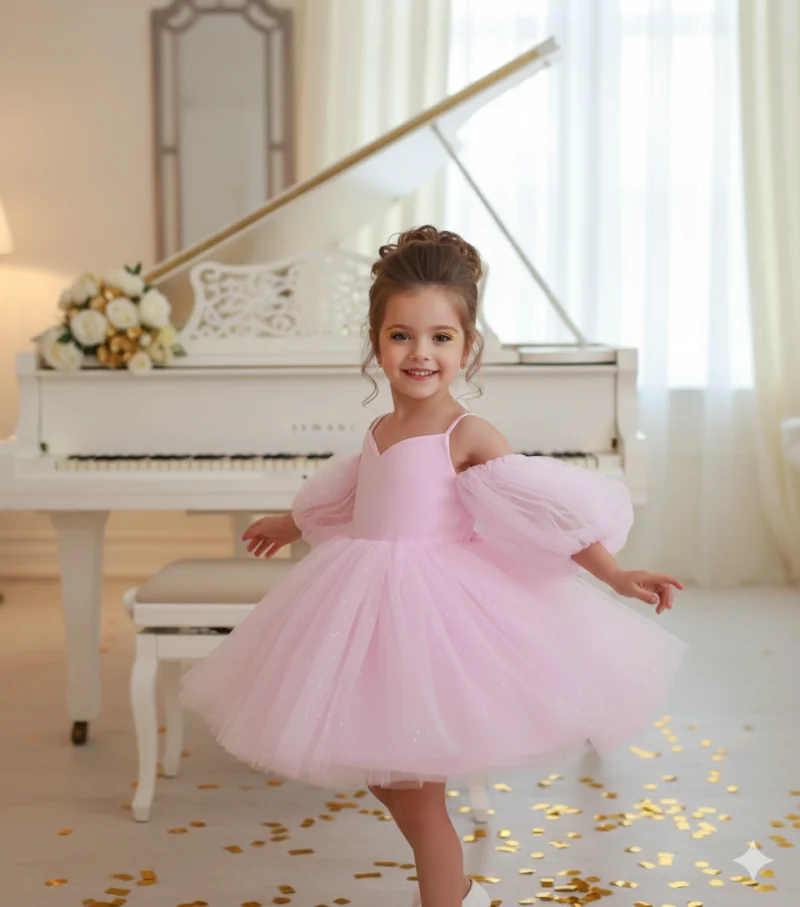 Rochie roz eleganta pentru fete, din tulle cu glitter si maneci bufante - Eloise