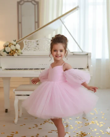 Rochie roz eleganta pentru fete, din tulle cu glitter si maneci bufante - Eloise