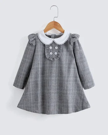 Rochie gri vintage pentru fete, din stofă in carouri - Vaiana