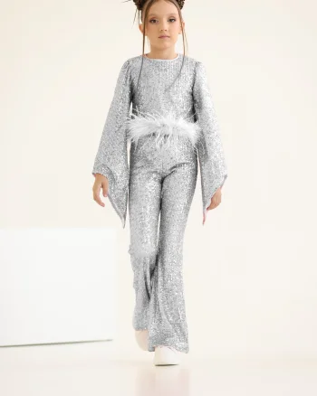 Compleu argintiu elegant pentru fete, din paiete bluza cu fulgi naturali si pantalon evazat - Eliana