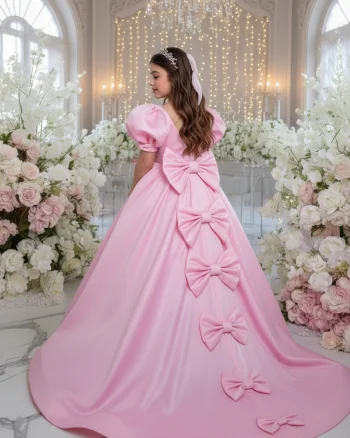 Rochie roz lunga eleganta cu trena si fundite pentru fete - Adelaida