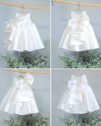 Rochie alba eleganta pentru fete, din tafta cu fundita detasabila - Salome