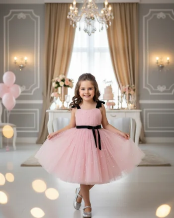 Rochie roz eleganta cu fundite din tulle cu perle pentru fete - Carolina