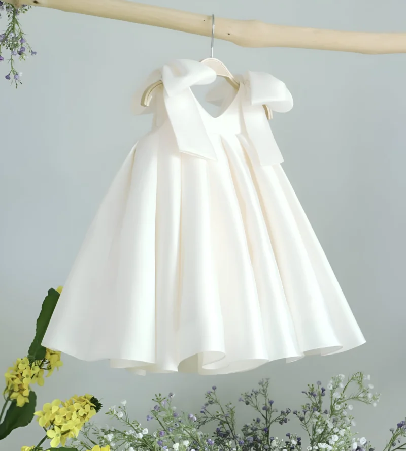 Rochie alba eleganta pentru fete, din tafta cu fundite pe umeri - Kiara