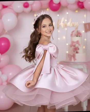 Rochie alba eleganta cu fundite pe umeri din tafta pentru fete - Barbie