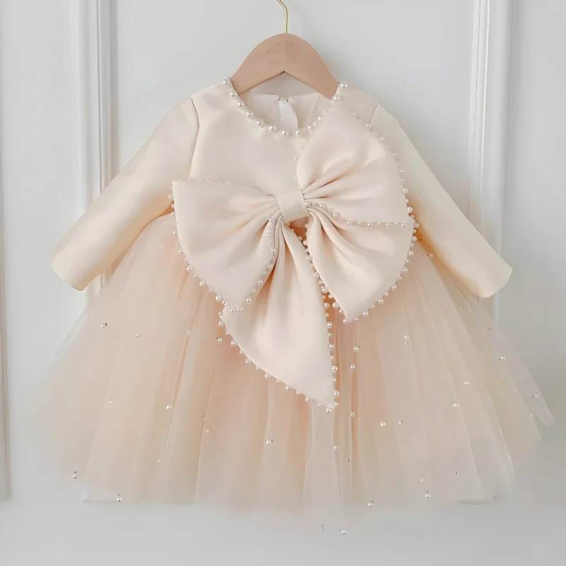Rochie crem eleganta pentru fete, cu fundite si perle - Kendra