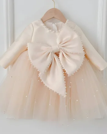 Rochie crem eleganta pentru fete, cu fundite si perle - Kendra
