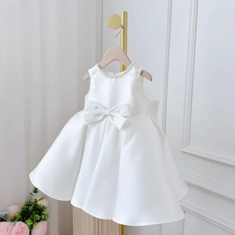 Rochie alba eleganta pentru fete, cu fundite din tafta  - Ember