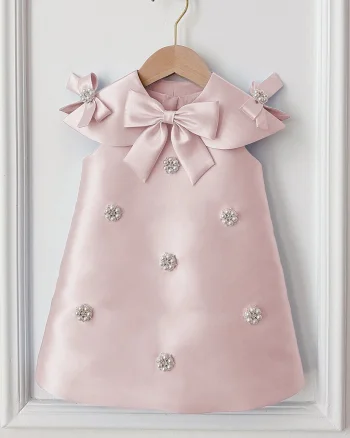 Rochie roz prafuit eleganta pentru fete, cu fundite din tafta - Eden