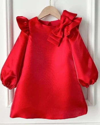 Rochie rosie eleganta pentru fete, din tafta cu maneca lunga - Celine