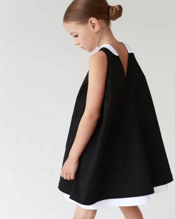 Rochie neagra din stofa guler si volan alb pentru fete - Blake