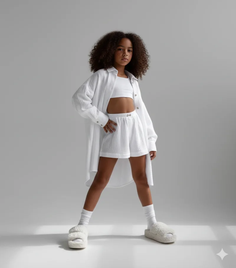 Compleu alb din muselina cu pantaloni scurti si camasa oversize pentru fete - Defne