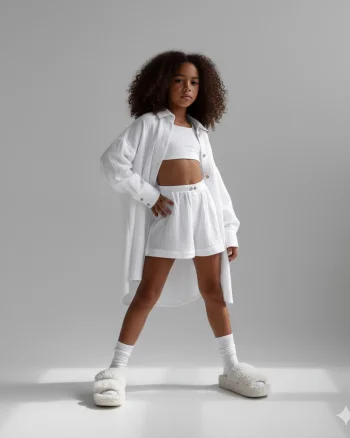 Compleu alb din muselina cu pantaloni scurti si camasa oversize pentru fete - Defne