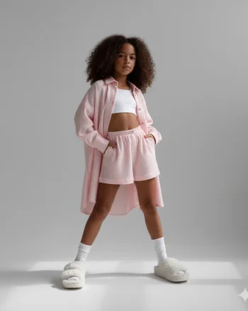 Compleu roz din muselina cu pantaloni scurti si camasa oversize pentru fete - Defne