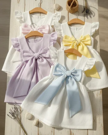 Rochie alba cu funda colorata din in pentru fete - Summer