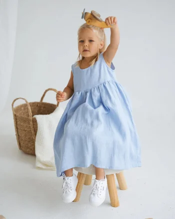 Rochie bleu midi casual din in pentru fete - Daisy