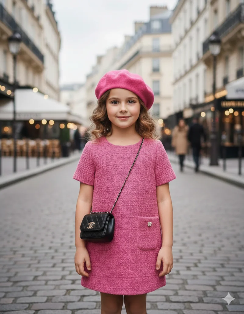 Rochie casual roz din stofă tweed pentru fete - Fathia