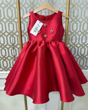 Rochie rosie eleganta cu fundita și nasturi metalici decorativi pentru fete - Zenayda