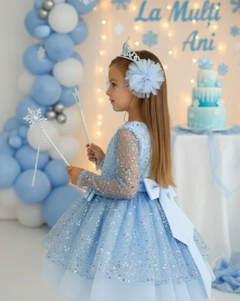 Rochie bleu eleganta pentru fete, din dantela brodata - Alis