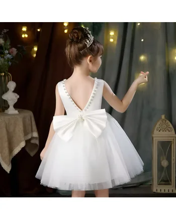 Rochie alba eleganta pentru fete, cu fundita si perle - Luna