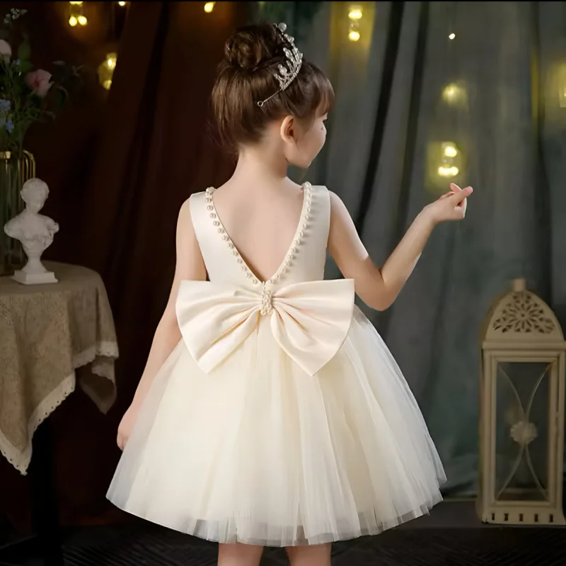 Rochie crem eleganta pentru fete, cu fundita si perle - Luna