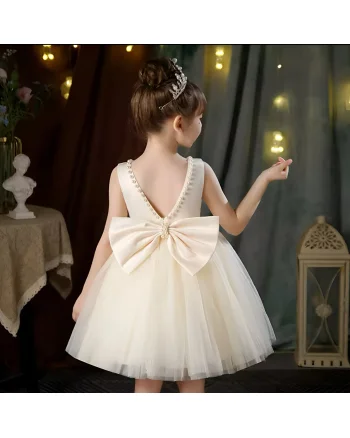 Rochie crem eleganta pentru fete, cu fundita si perle - Luna