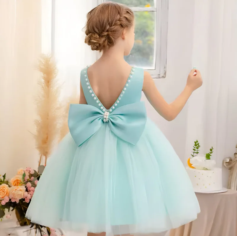 Rochie verde eleganta pentru fete, cu fundita si perle - Luna