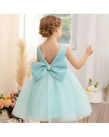 Rochie verde eleganta pentru fete, cu fundita si perle - Luna