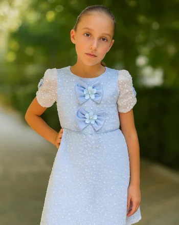 Rochie bleu elegantă din dantelă brodată cu perle și paiete - Lara