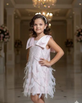 Rochie roz elegantă din dantelă și fulgi naturali pentru fete - Haven