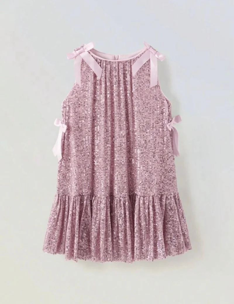 Rochie lila din paiate accesorizata cu fundite pentru fete - Sara
