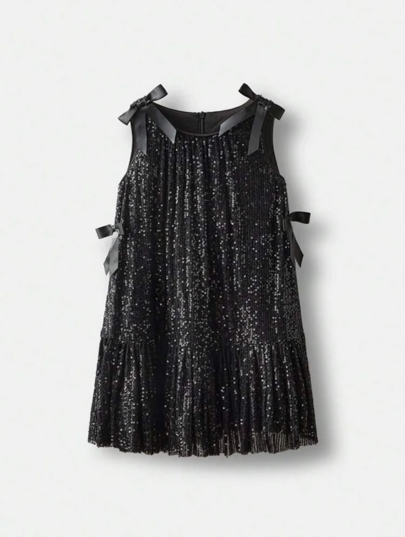 Rochie neagra din paiate accesorizata cu fundite pentru fete - Sara