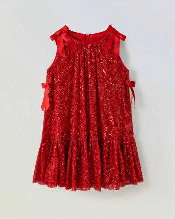 Rochie rosie din paiate accesorizata cu fundite pentru fete - Sara