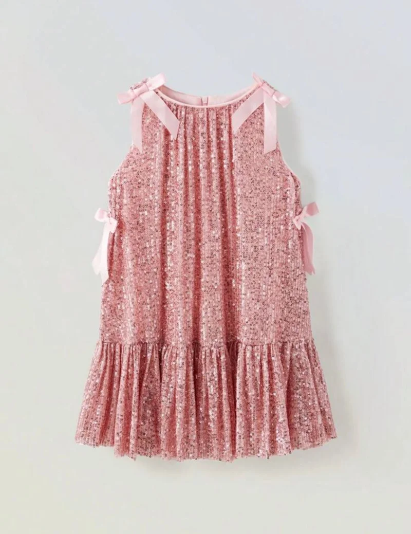 Rochie roz din paiate accesorizata cu fundite pentru fete - Sara