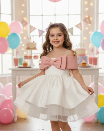 Rochie alba eleganta din tafta si funda neagra pentru fete - Norah