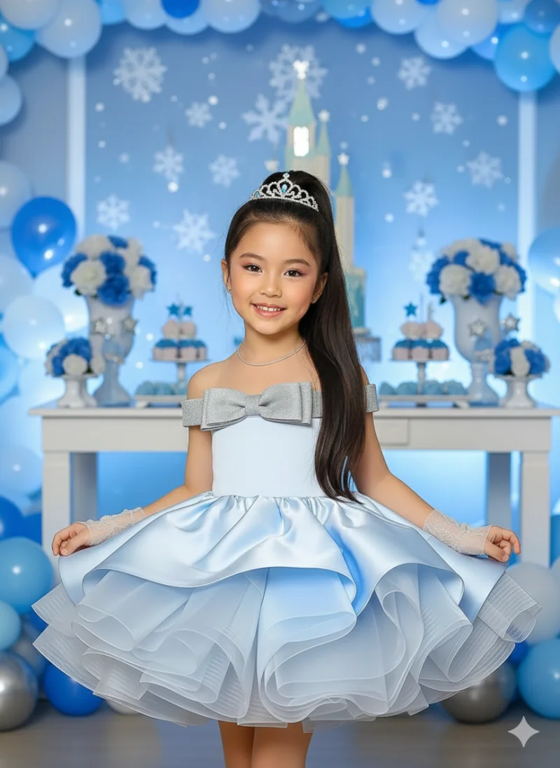 Rochie bleu eleganta cu fundita argintie pentru fete - Elsa