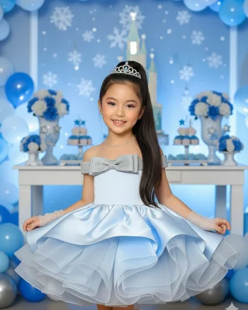 Rochie bleu eleganta cu fundita argintie pentru fete - Elsa